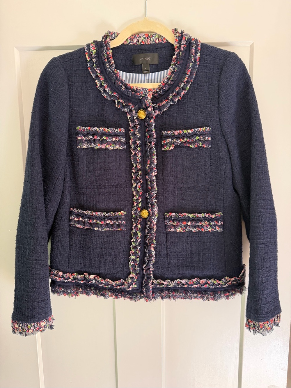 J. Crew Lady Coat Navy Tweed Ruffle-Trim Jacket Size 6
